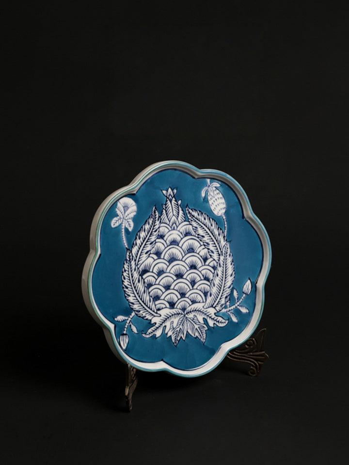 Vintage-Inspired Mandarin Handmade Blue and White Porcelain Plate with Brass Stand