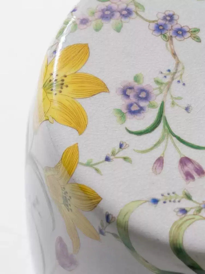 Oriental Handmade White Crackle Glaze Porcelain Garden Stool with Hand Painted Floral and Bird Motif