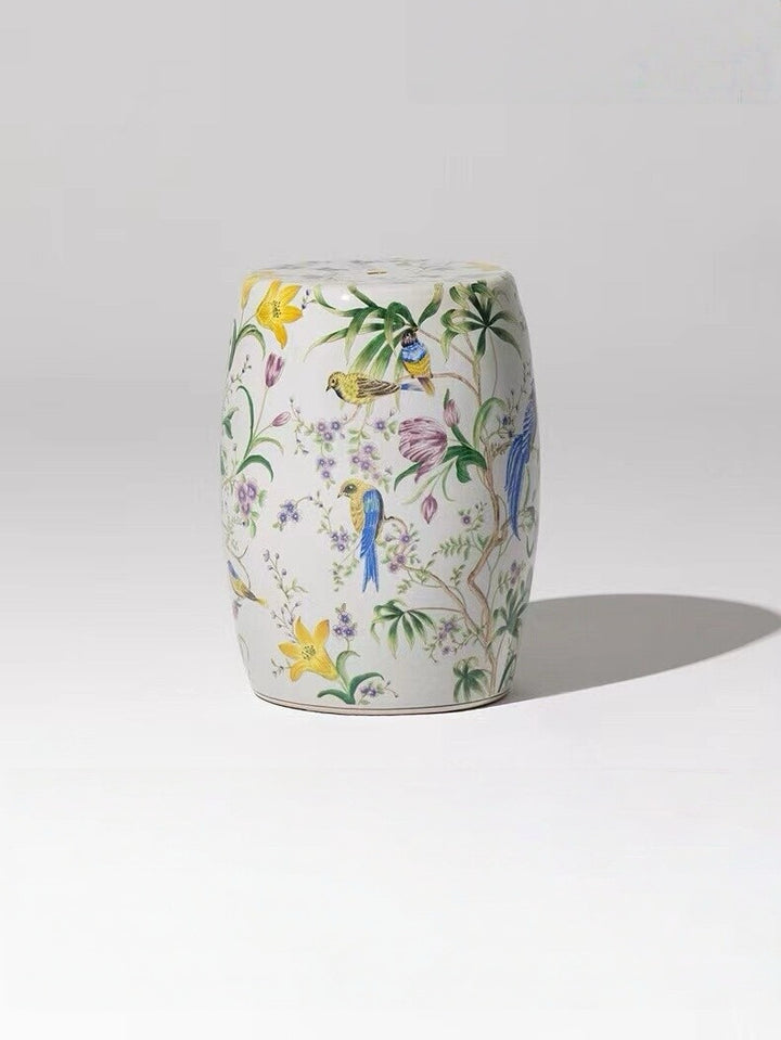 Oriental Handmade White Crackle Glaze Porcelain Garden Stool with Hand Painted Floral and Bird Motif
