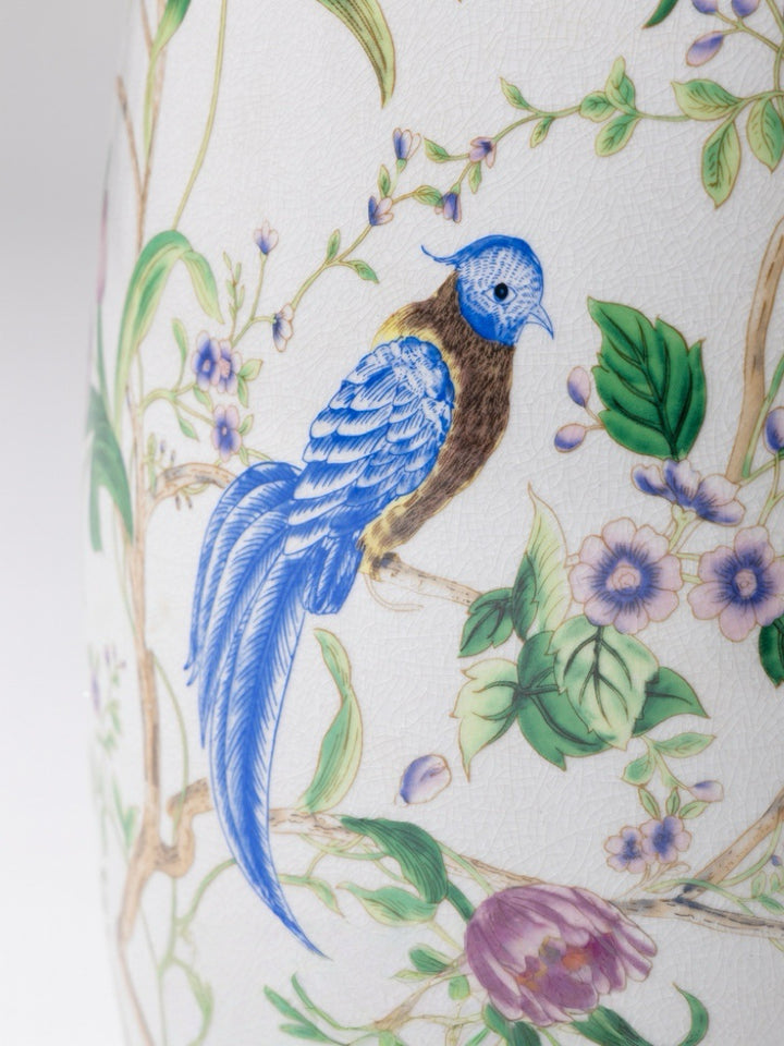 Oriental Handmade White Crackle Glaze Porcelain Garden Stool with Hand Painted Floral and Bird Motif