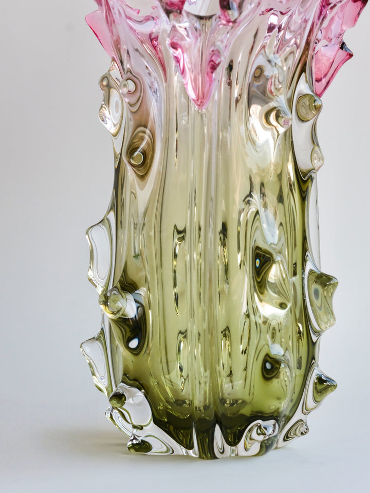 Luxury Handmade French Baccarat Crystal Vase in Gradient Pink and Green Hand-Blown Heavy Crystal