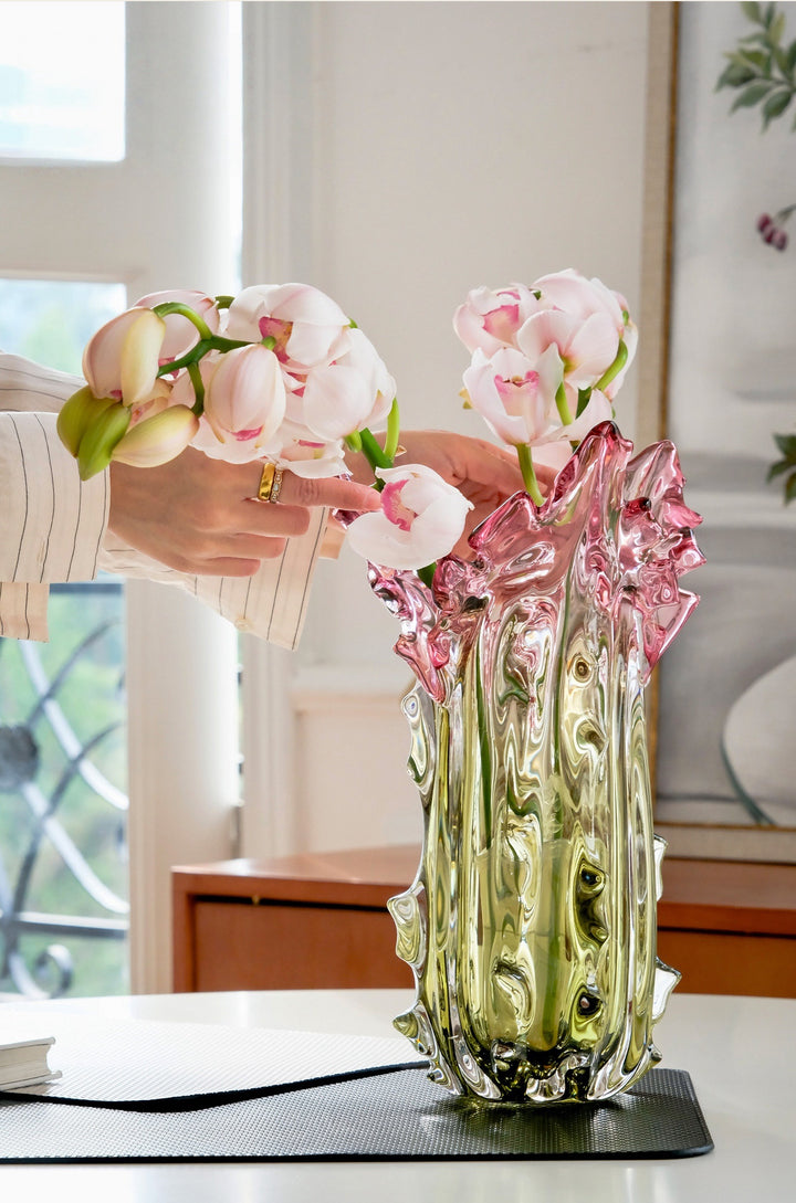 Luxury Handmade French Baccarat Crystal Vase in Gradient Pink and Green Hand-Blown Heavy Crystal