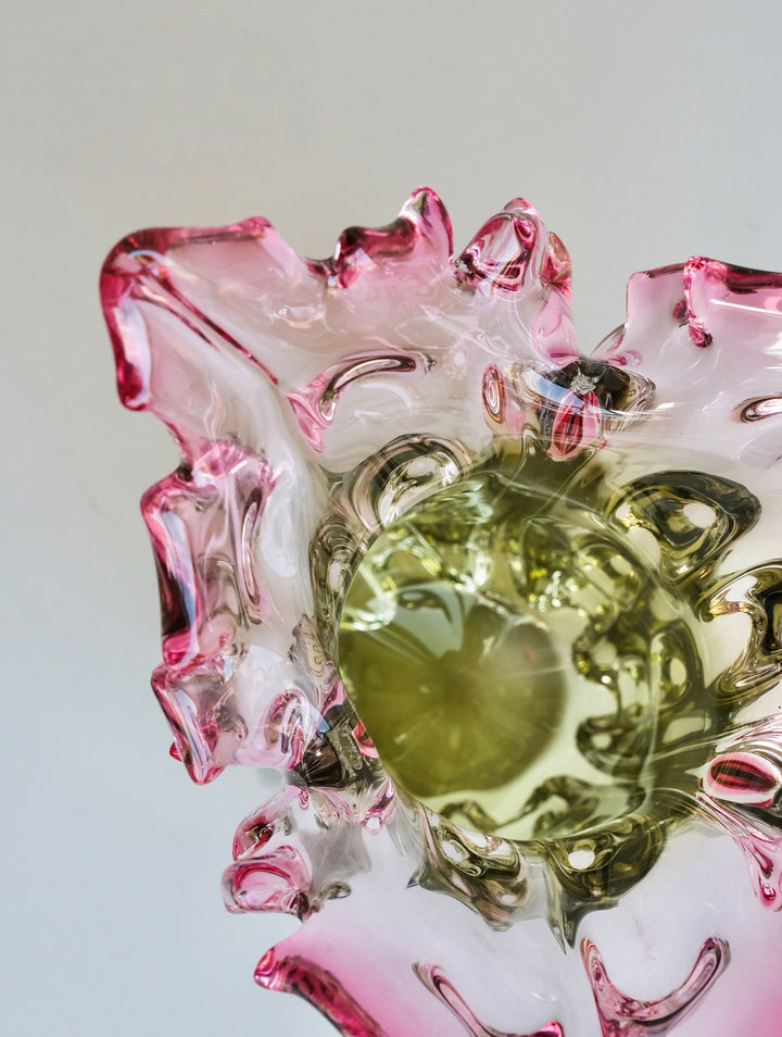 Luxury Handmade French Baccarat Crystal Vase in Gradient Pink and Green Hand-Blown Heavy Crystal