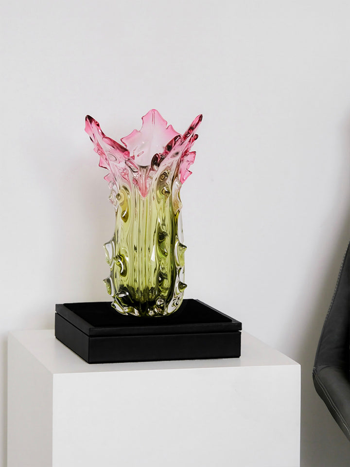 Luxury Handmade French Baccarat Crystal Vase in Gradient Pink and Green Hand-Blown Heavy Crystal