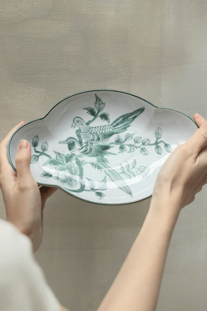 Vintage-Inspired European Import Hand-Painted Porcelain Plate in Celadon Green
