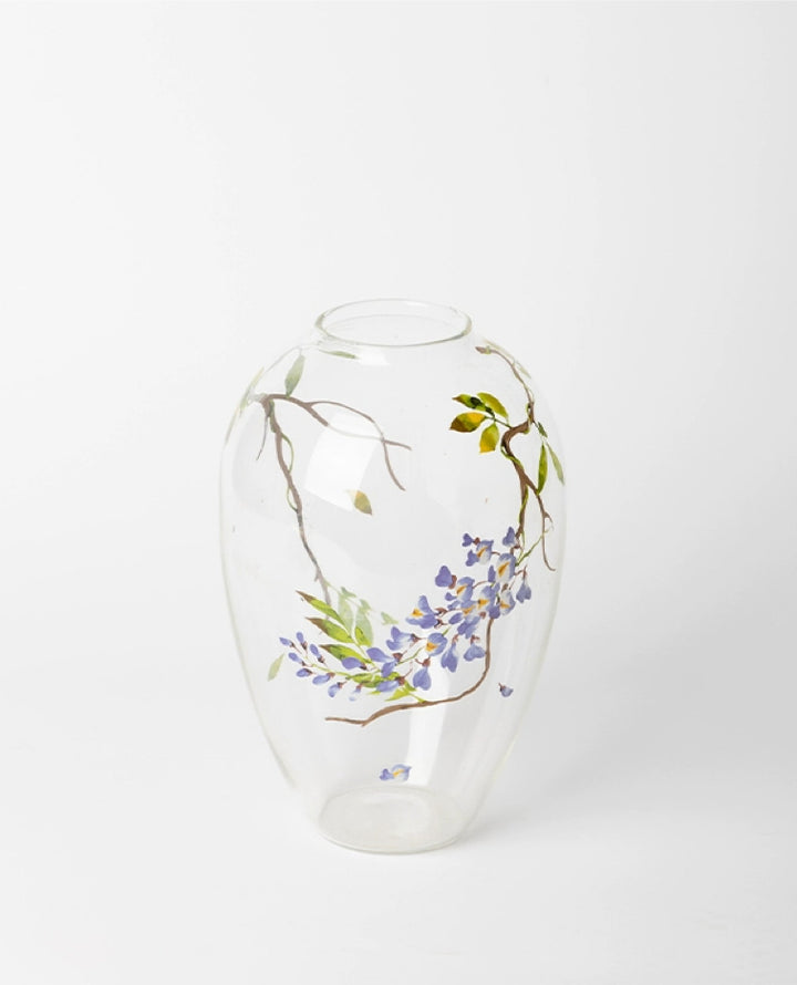 Art Deco Handmade Italian Blown Glass Vase and Glass Decor with Hand-Painted Wisteria Design