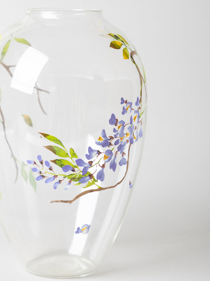 Art Deco Handmade Italian Blown Glass Vase and Glass Decor with Hand-Painted Wisteria Design