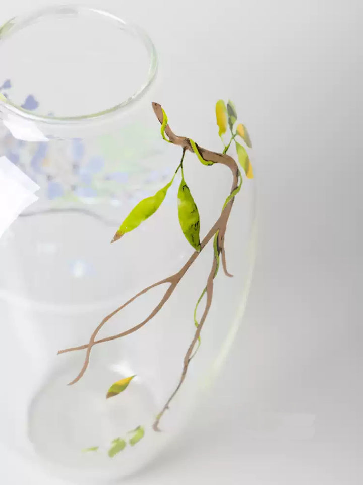Art Deco Handmade Italian Blown Glass Vase and Glass Decor with Hand-Painted Wisteria Design