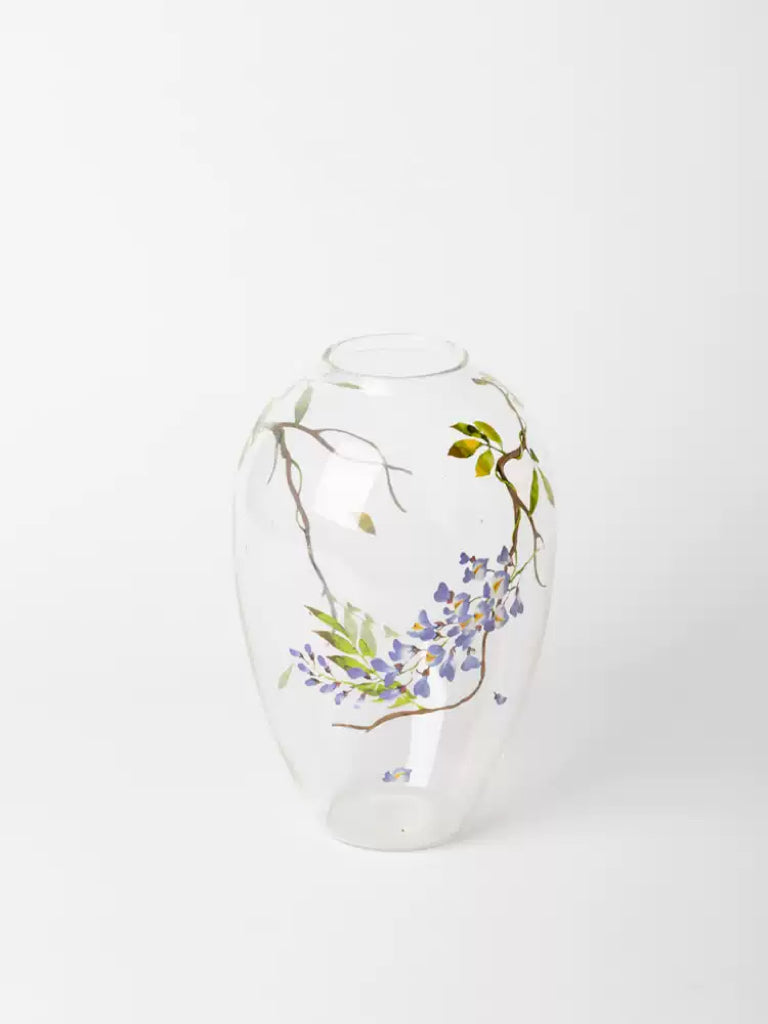 Art Deco Handmade Italian Blown Glass Vase and Glass Decor with Hand-Painted Wisteria Design