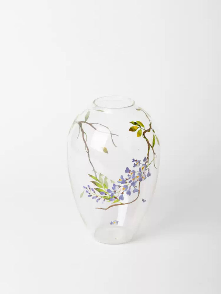 Art Deco Handmade Italian Blown Glass Vase and Glass Decor with Hand-Painted Wisteria Design