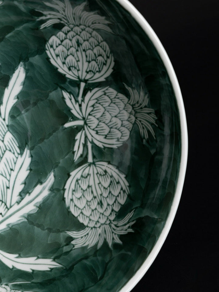 Oriental Celadon Green Hand-Painted Porcelain Vase with Pinecone and Butterfly Motif