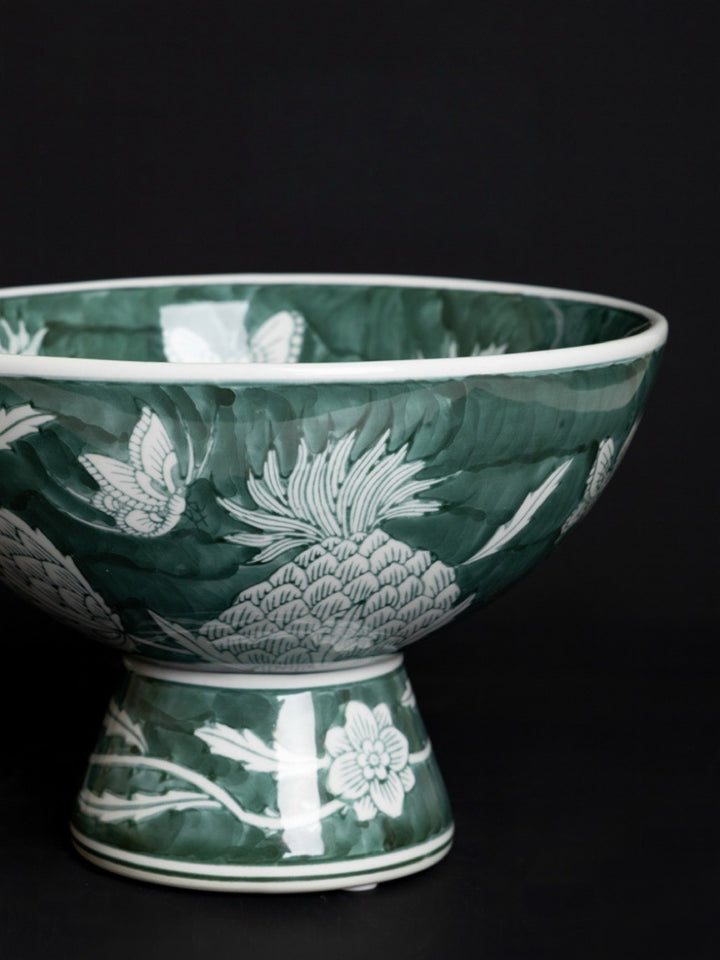 Oriental Celadon Green Hand-Painted Porcelain Vase with Pinecone and Butterfly Motif
