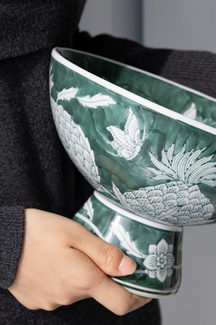 Oriental Celadon Green Hand-Painted Porcelain Vase with Pinecone and Butterfly Motif