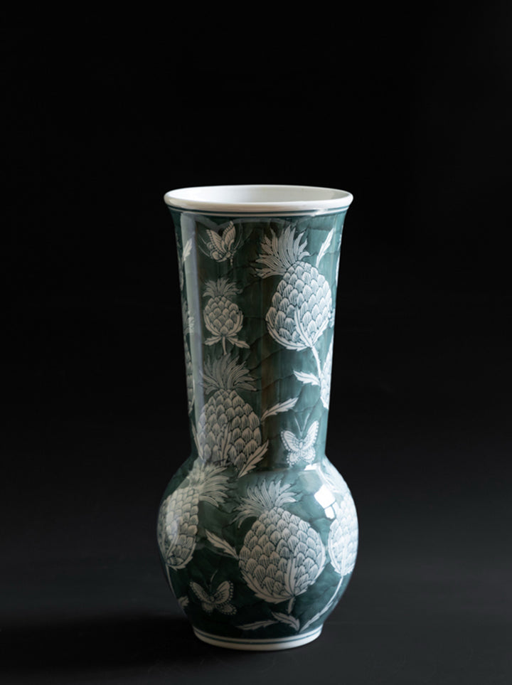 Oriental Celadon Green Hand-Painted Porcelain Vase with Pinecone and Butterfly Motif