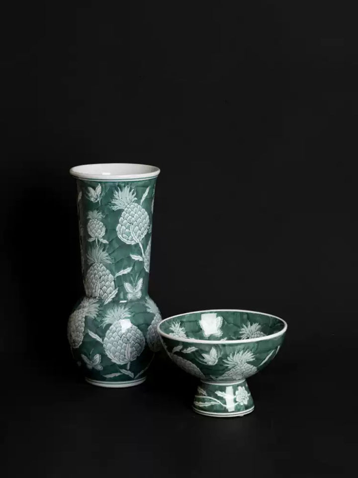 Oriental Celadon Green Hand-Painted Porcelain Vase with Pinecone and Butterfly Motif