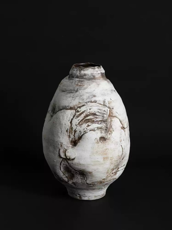 Vintage-Inspired Danish Import Handcrafted Relief Ceramic Vase in Rustic Lava White
