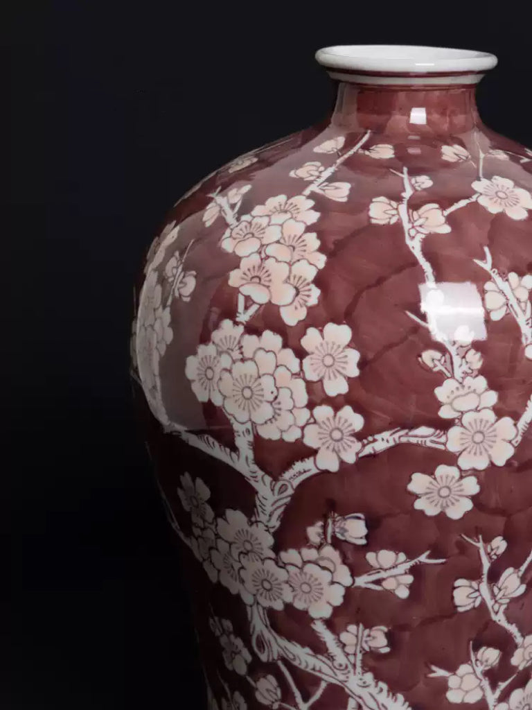 Oriental Vermilion Handmade Porcelain Vase with Royal Red Glaze Imported from France