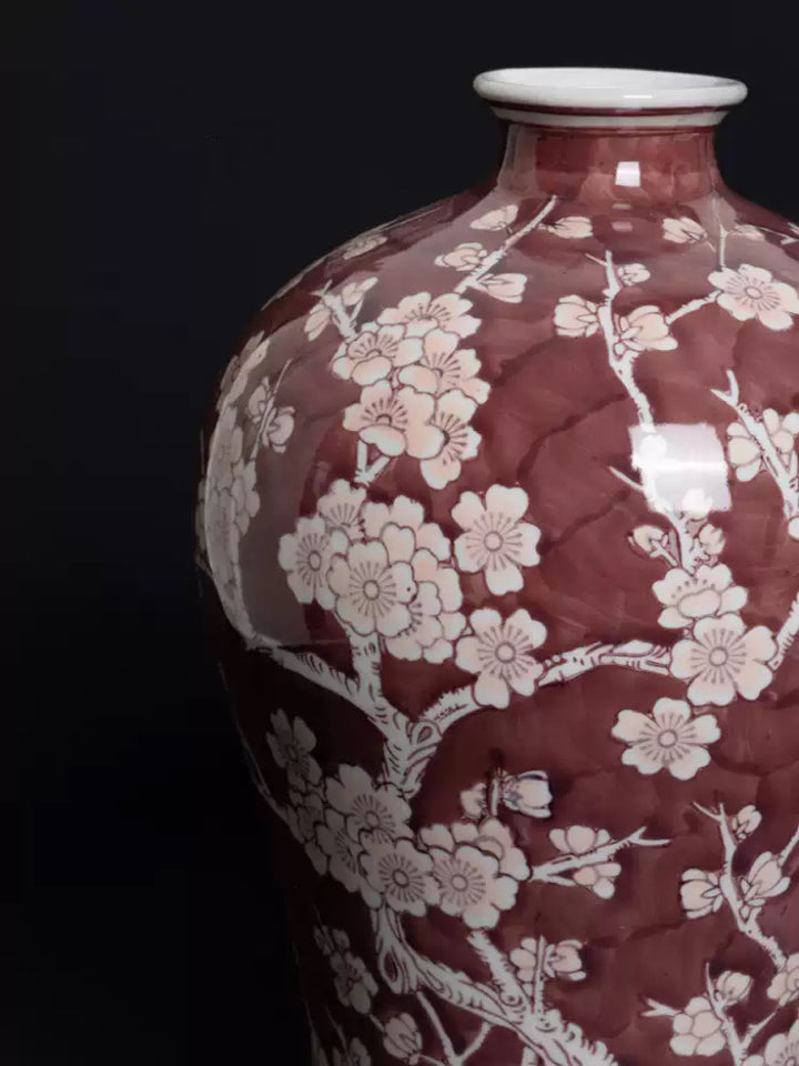 Oriental Vermilion Handmade Porcelain Vase with Royal Red Glaze Imported from France