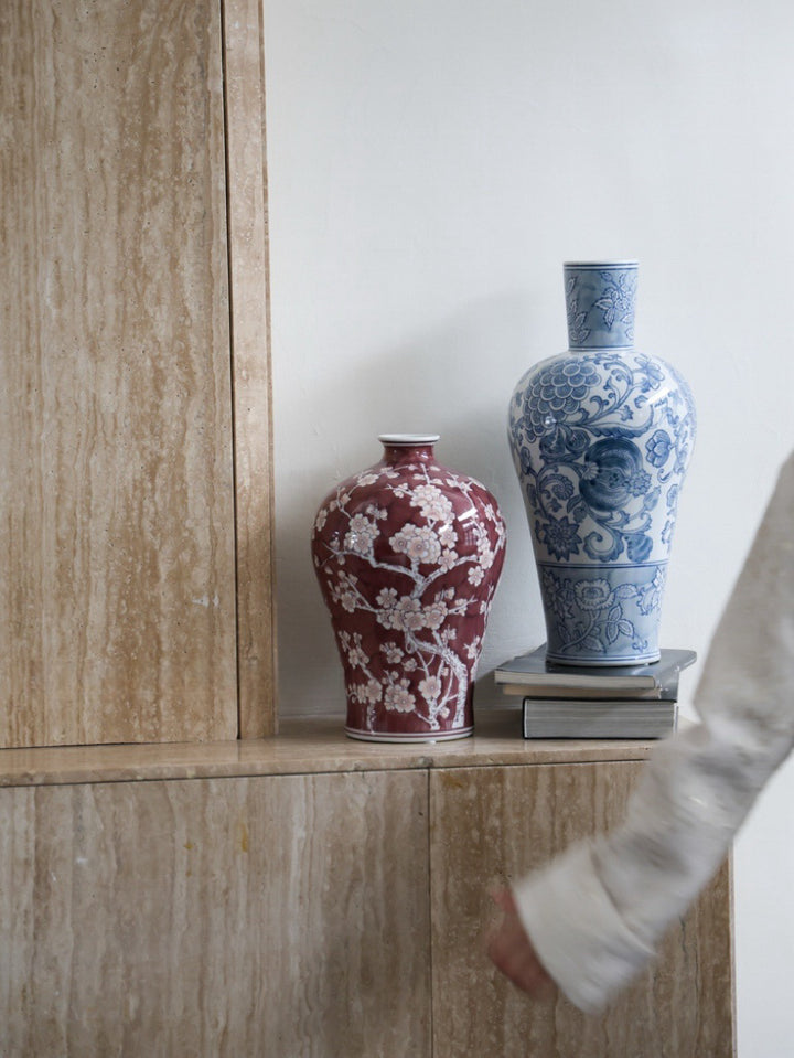 Oriental Vermilion Handmade Porcelain Vase with Royal Red Glaze Imported from France