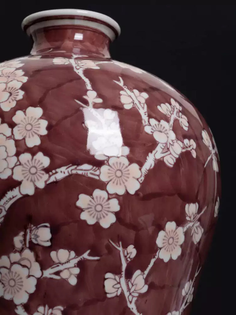Oriental Vermilion Handmade Porcelain Vase with Royal Red Glaze Imported from France