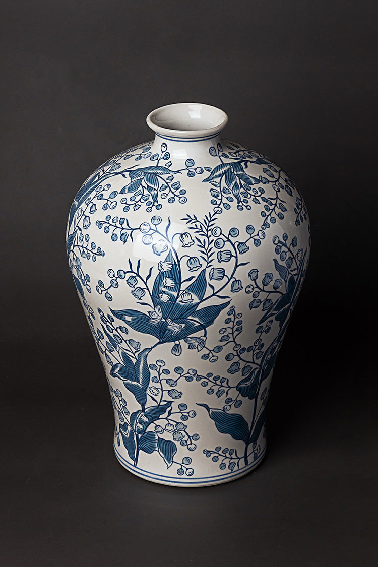 Oriental Light Blue Handcrafted Porcelain Vase and Entrance Decor with Lily of the Valley Motif