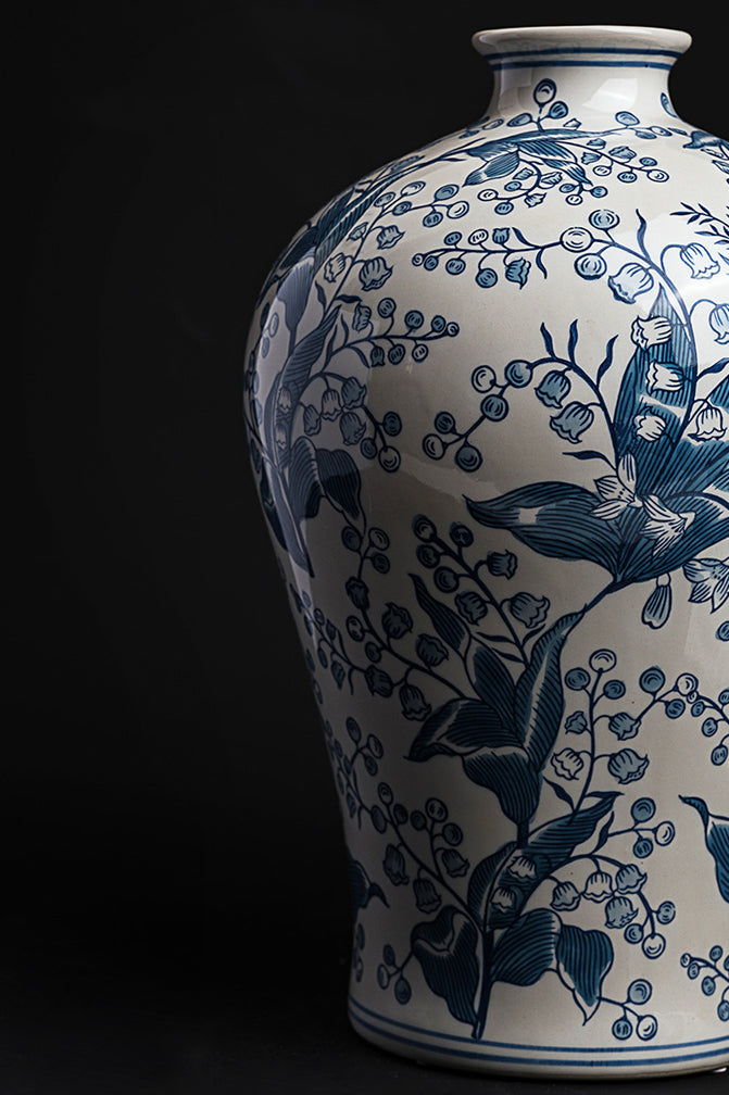 Oriental Light Blue Handcrafted Porcelain Vase and Entrance Decor with Lily of the Valley Motif