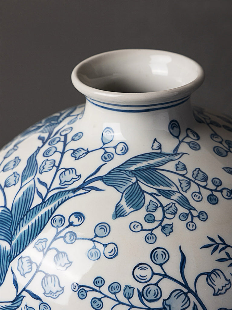 Oriental Light Blue Handcrafted Porcelain Vase and Entrance Decor with Lily of the Valley Motif