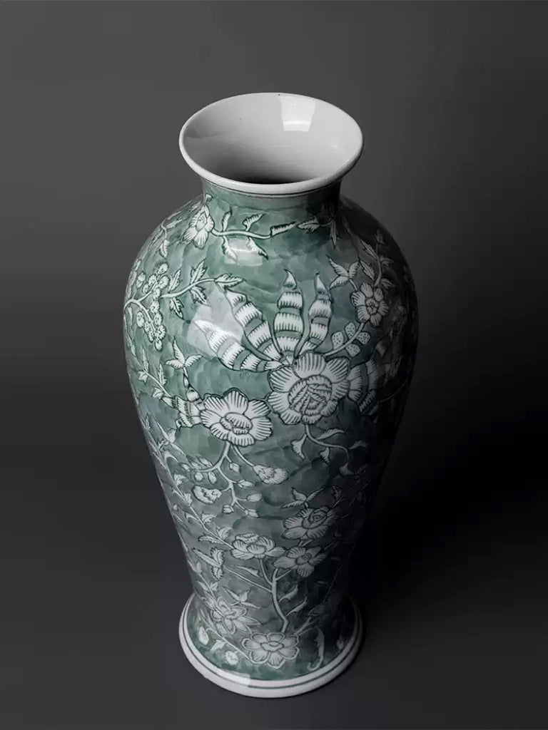 Oriental Celadon Green Grisaille Handmade Porcelain Vase with Twin Branch Motif