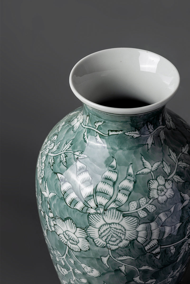 Oriental Celadon Green Grisaille Handmade Porcelain Vase with Twin Branch Motif