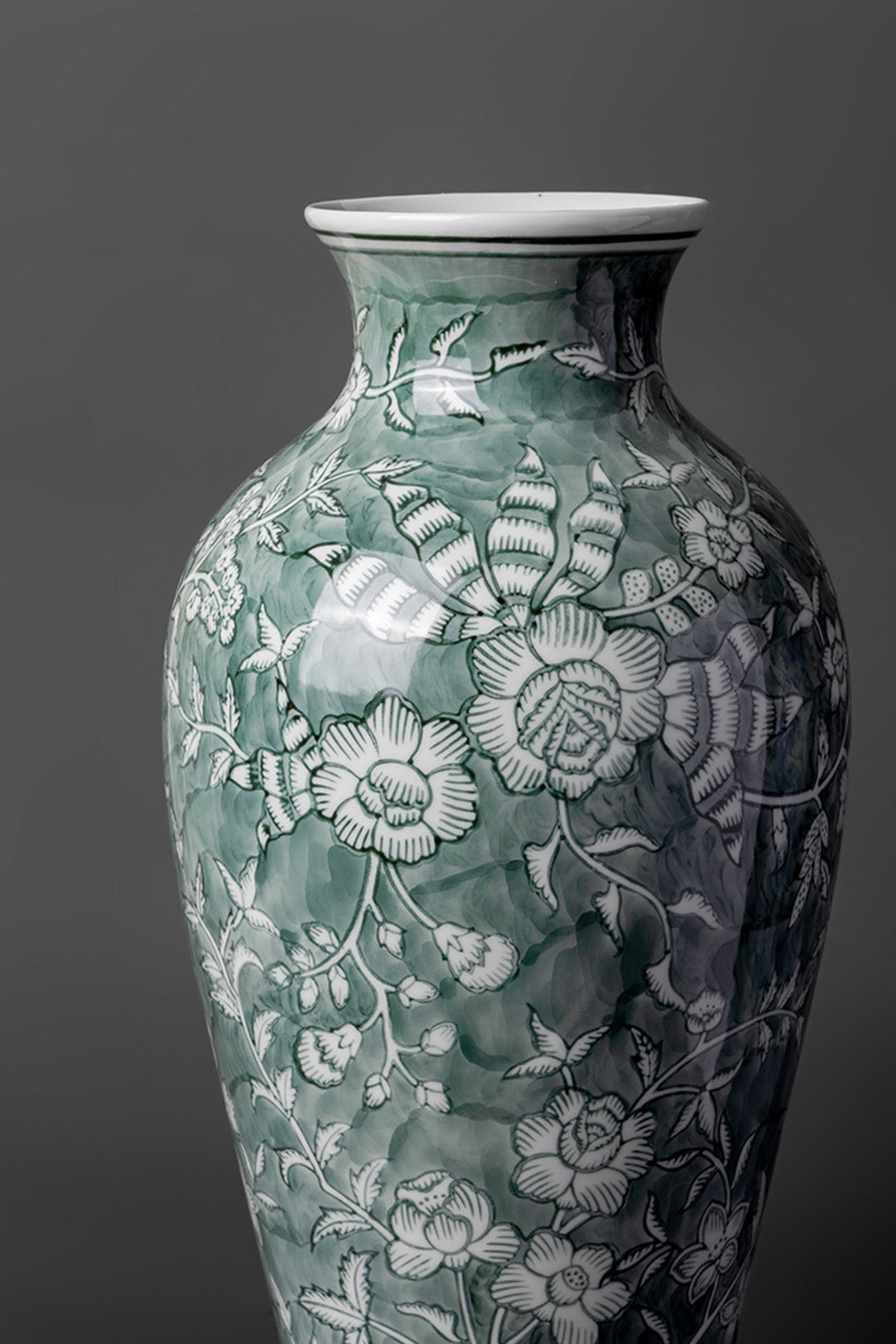 Oriental Celadon Green Grisaille Handmade Porcelain Vase with Twin Branch Motif