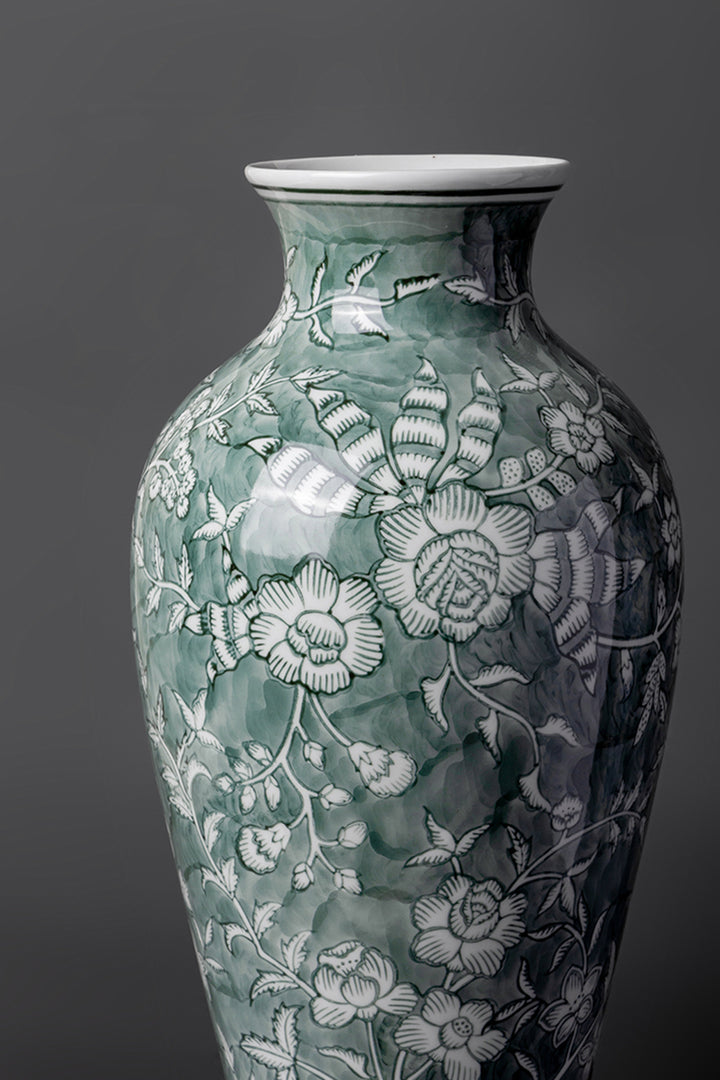 Oriental Celadon Green Grisaille Handmade Porcelain Vase with Twin Branch Motif