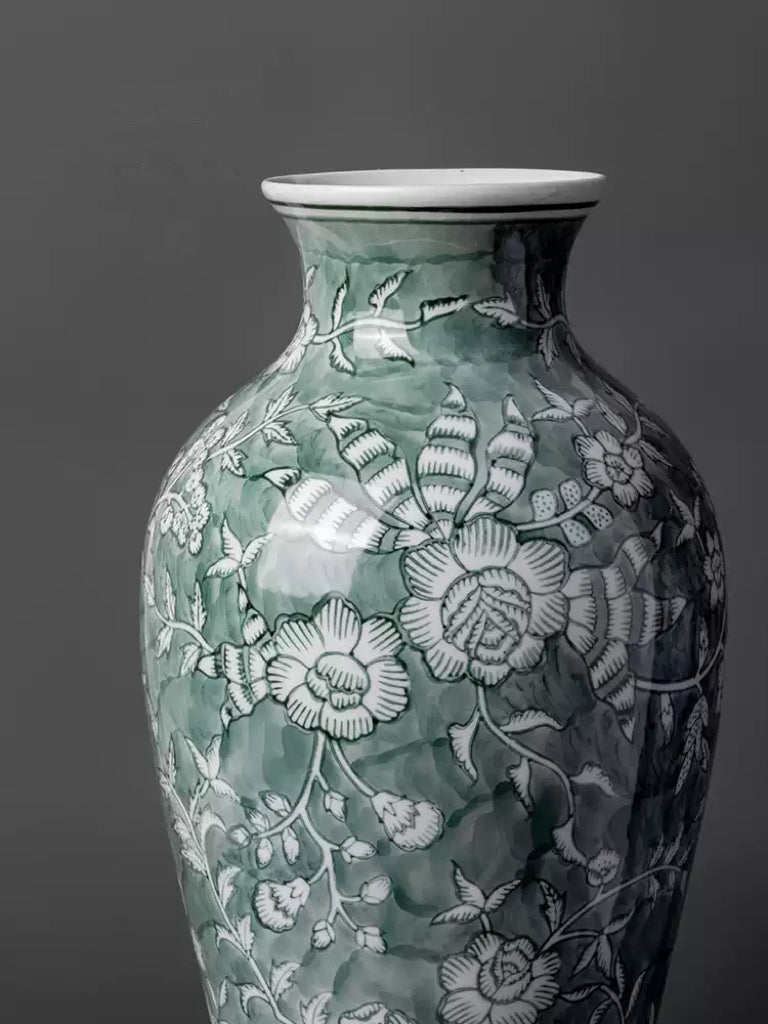 Oriental Celadon Green Grisaille Handmade Porcelain Vase with Twin Branch Motif