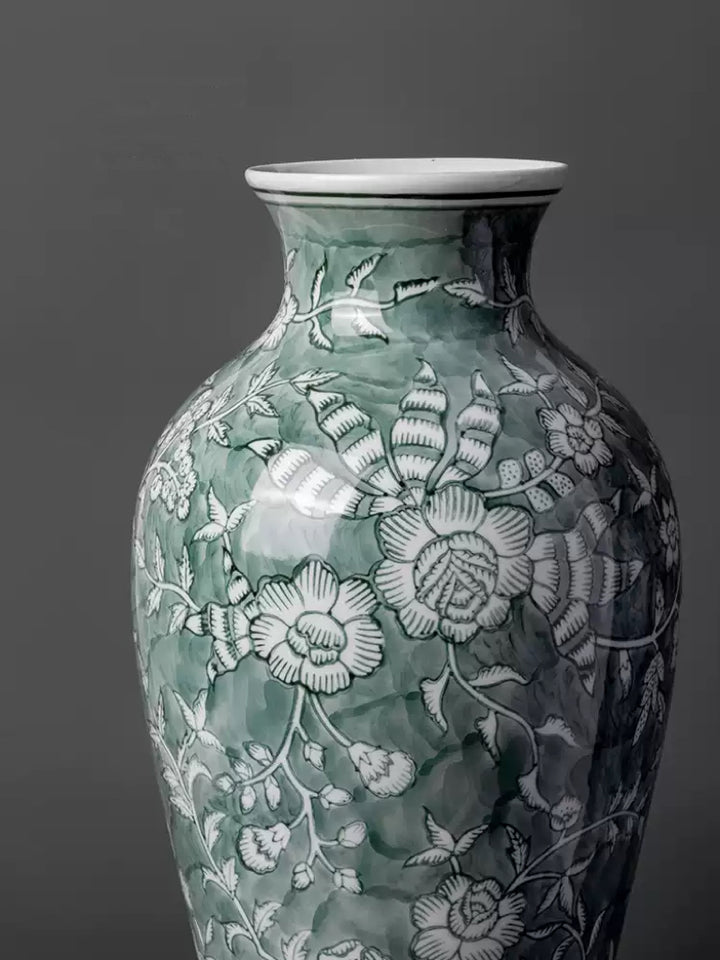 Oriental Celadon Green Grisaille Handmade Porcelain Vase with Twin Branch Motif