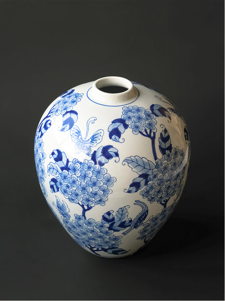 Oriental Handcrafted Large Blue and White Porcelain Vase Hand Painted in Grisaille Under Glaze