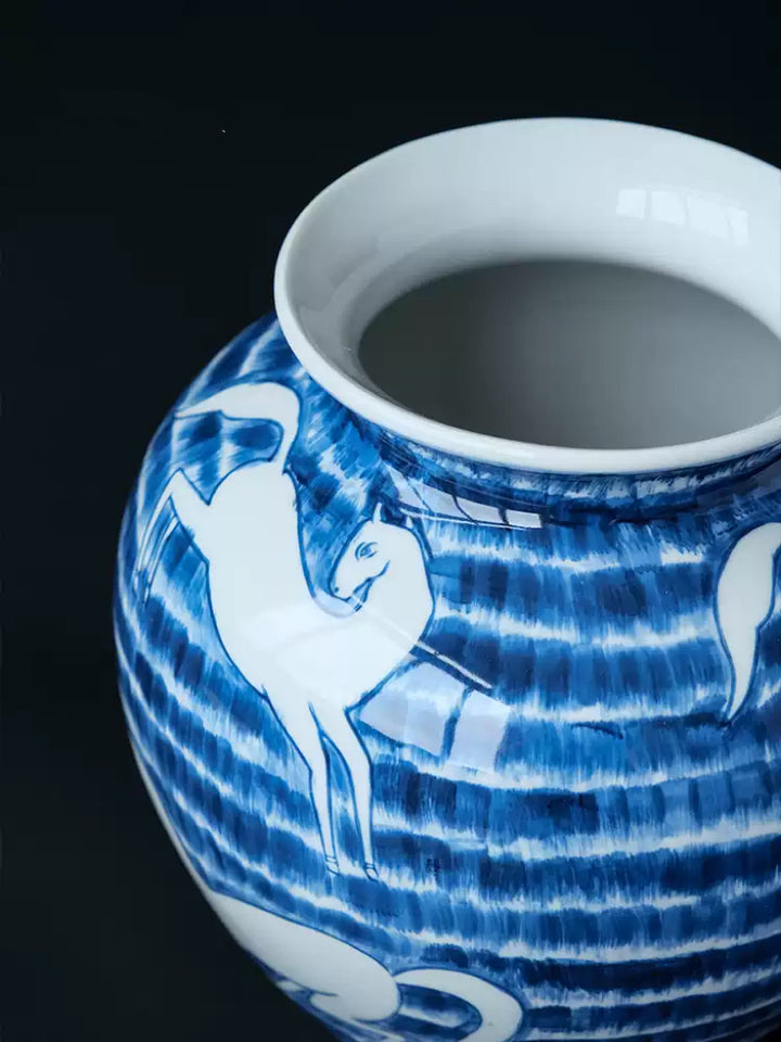 Oriental Handmdae Grisaille Blue and White Porcelain Jar with Hand-Painted White Horse Motif