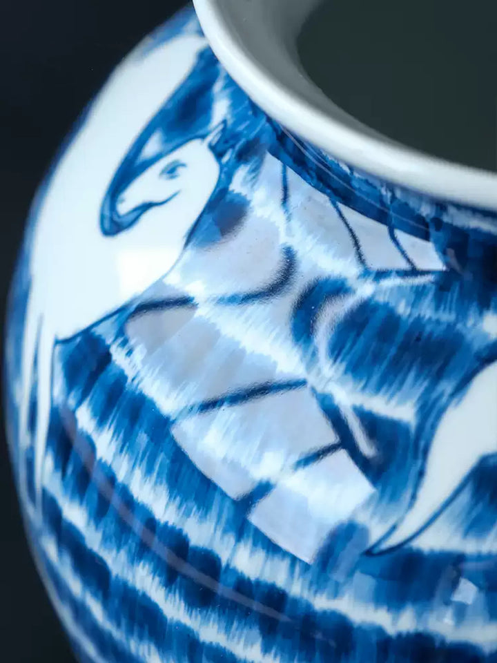Oriental Handmdae Grisaille Blue and White Porcelain Jar with Hand-Painted White Horse Motif