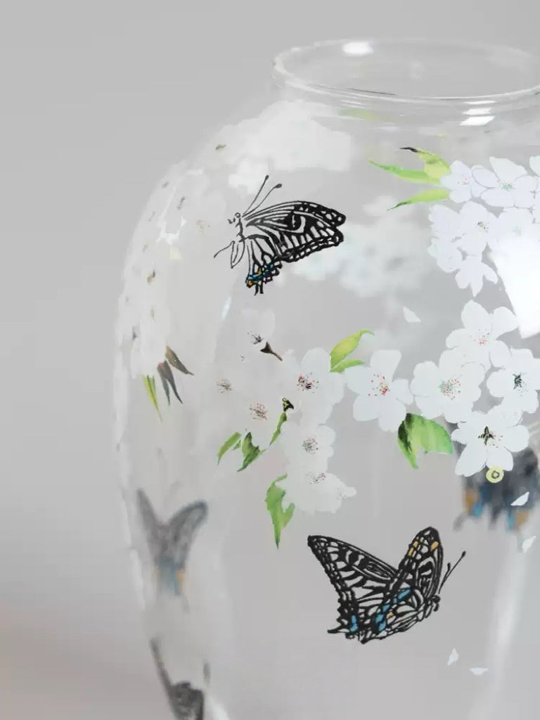 Artistical Handmade Peony Glass Murano Vase and Blown Glass Vase with Butterflies in Crystal Finish