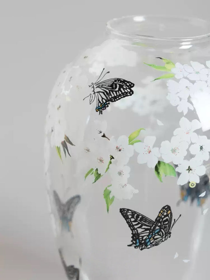 Artistical Handmade Peony Glass Murano Vase and Blown Glass Vase with Butterflies in Crystal Finish