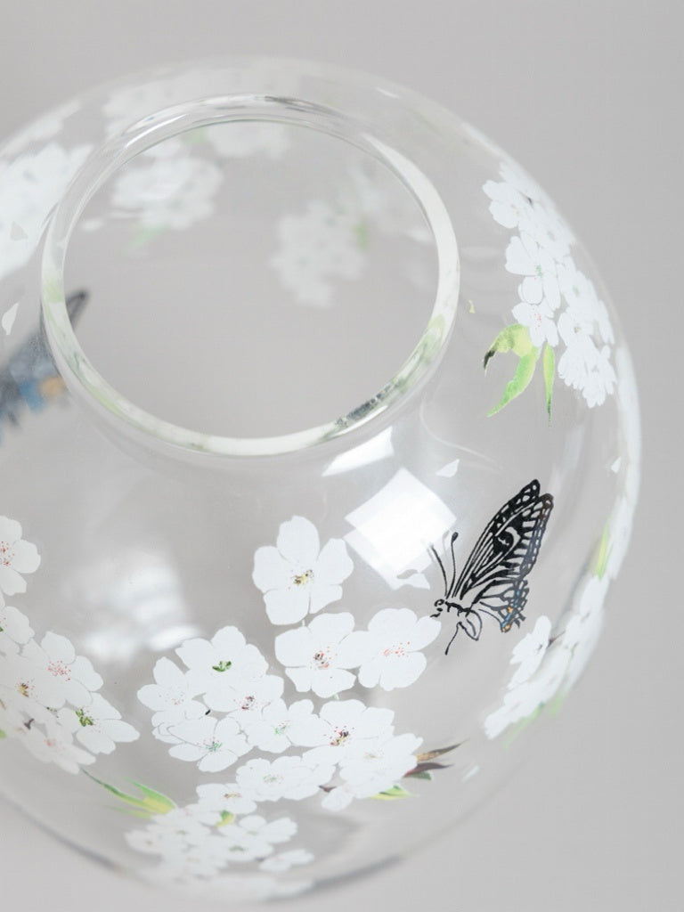 Artistical Handmade Peony Glass Murano Vase and Blown Glass Vase with Butterflies in Crystal Finish
