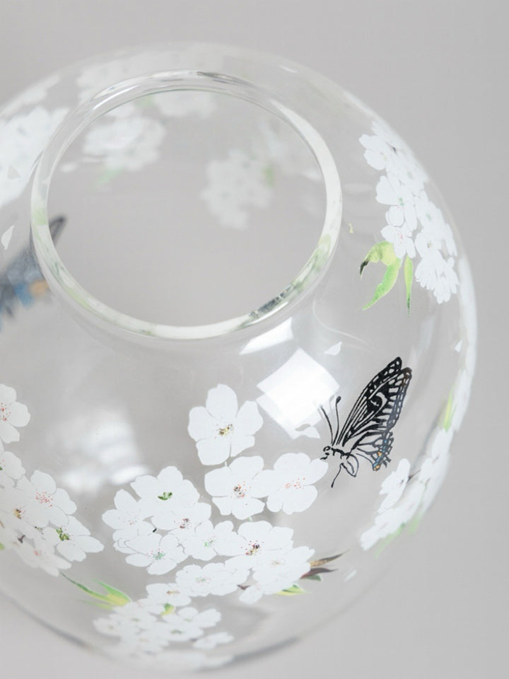 Artistical Handmade Peony Glass Murano Vase and Blown Glass Vase with Butterflies in Crystal Finish