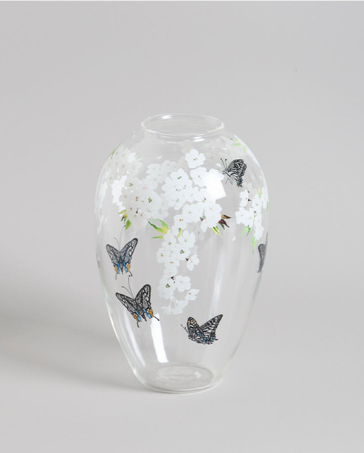 Artistical Handmade Peony Glass Murano Vase and Blown Glass Vase with Butterflies in Crystal Finish