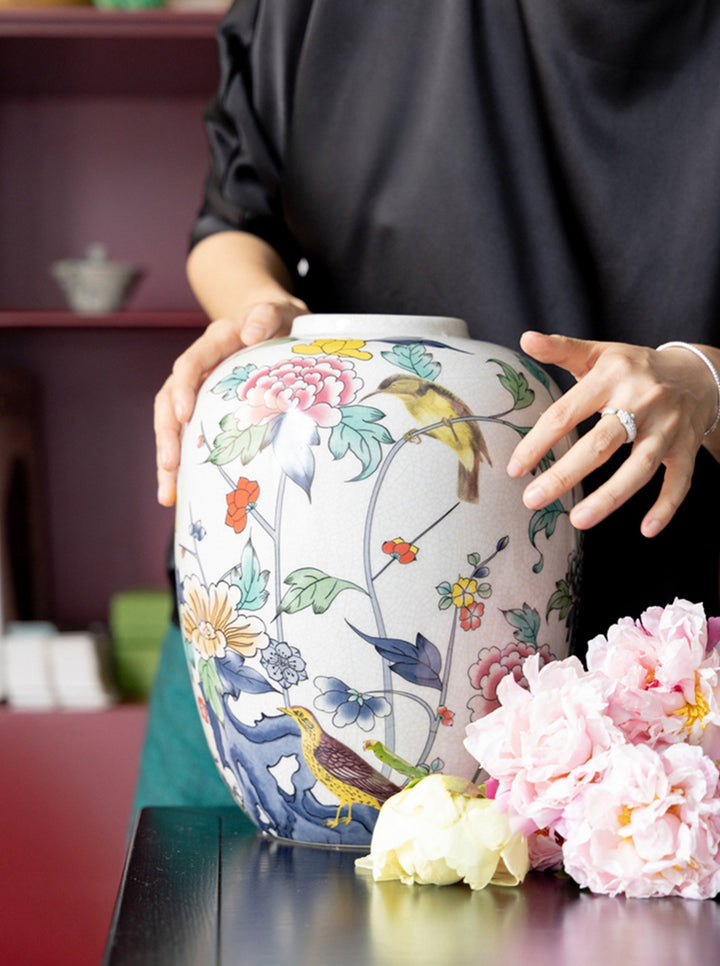 Mandarin White Handmade Famille Rose Porcelain Vase with Crackle Glaze Collectible Jar