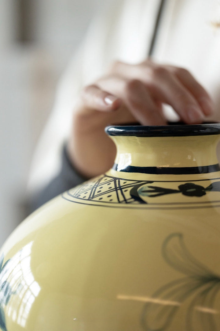 Oriental Italian Handmade Porcelain Vase in Naples Yellow with Cobalt Blue Floral Motifs
