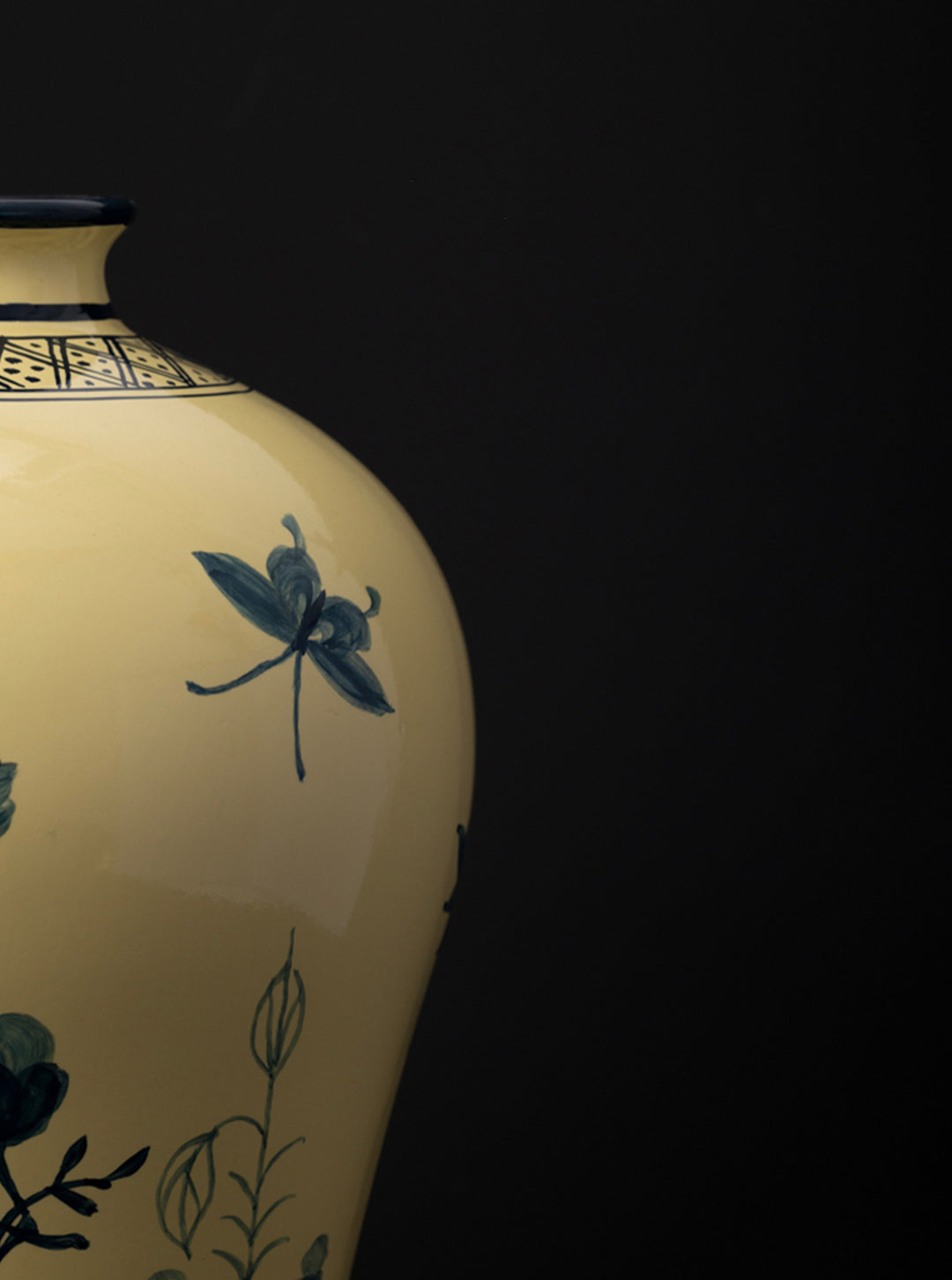 Oriental Italian Handmade Porcelain Vase in Naples Yellow with Cobalt Blue Floral Motifs