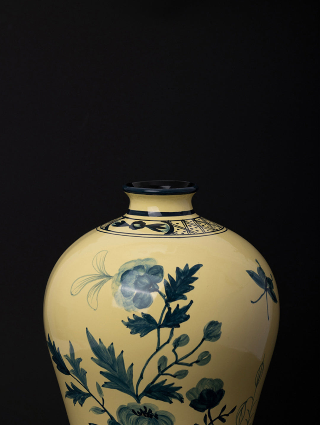 Oriental Italian Handmade Porcelain Vase in Naples Yellow with Cobalt Blue Floral Motifs