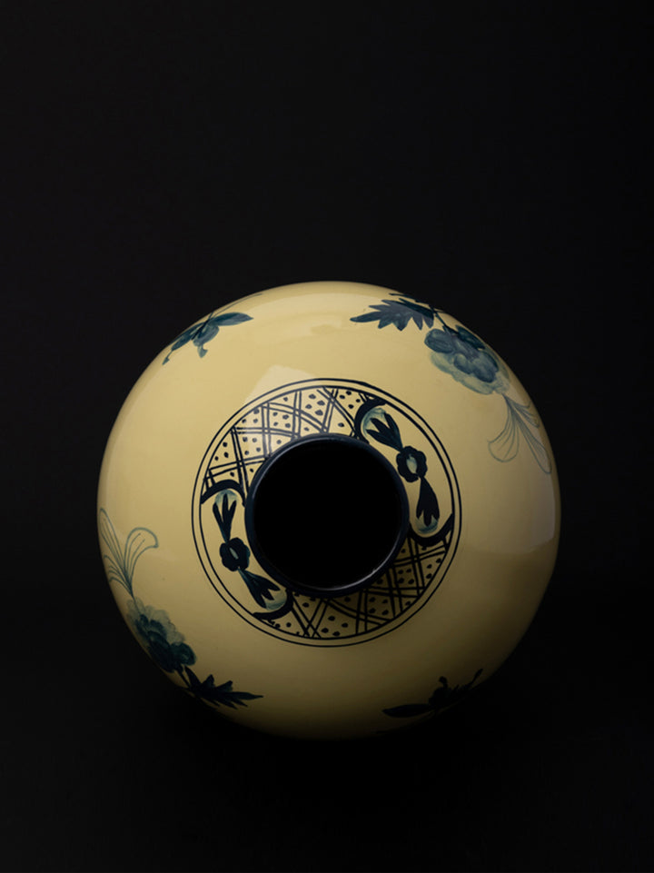 Oriental Italian Handmade Porcelain Vase in Naples Yellow with Cobalt Blue Floral Motifs