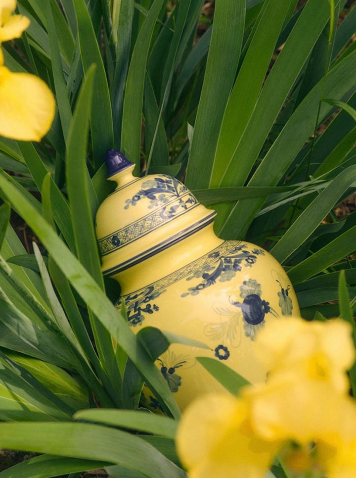 Oriental Italian Handmade Porcelain Vase in Naples Yellow with Cobalt Blue Floral Motifs