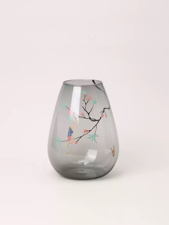 Art Deco Italian Hand-Painted Transparent Blown Glass Vase with Ink-Style Design