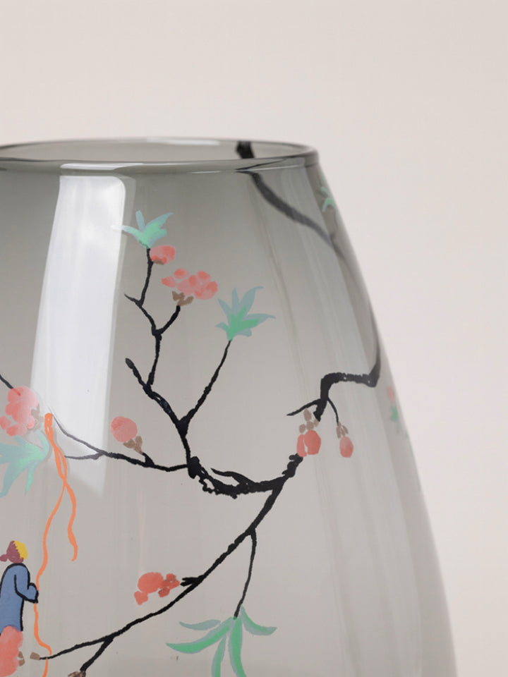 Art Deco Italian Hand-Painted Transparent Blown Glass Vase with Ink-Style Design