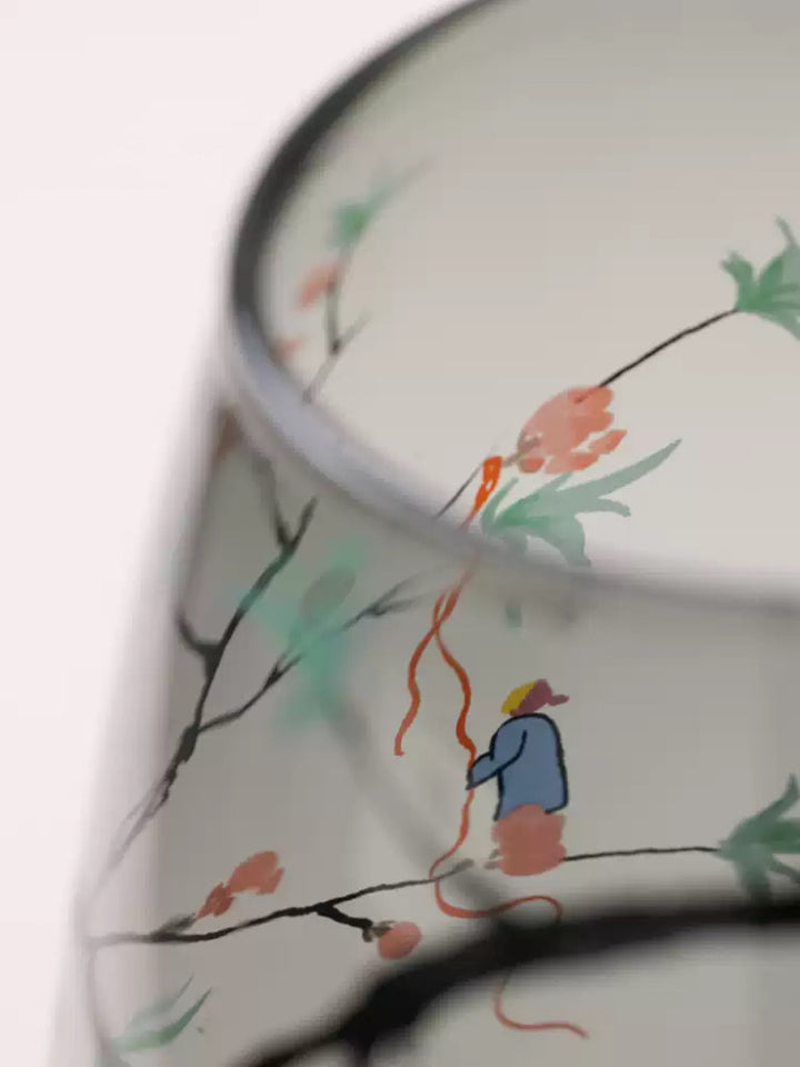 Art Deco Italian Hand-Painted Transparent Blown Glass Vase with Ink-Style Design
